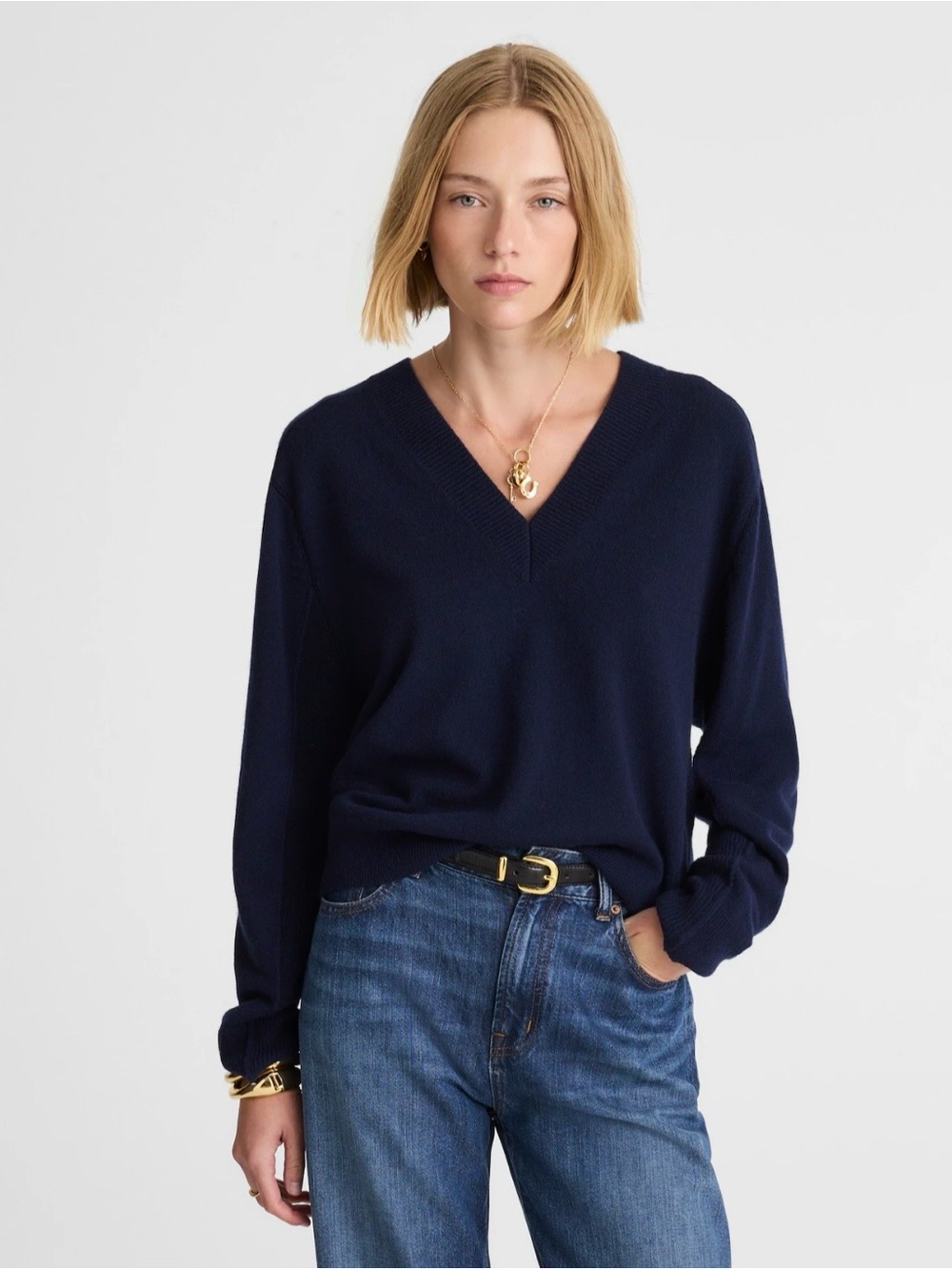 NWT! MADEWELL Women’s Cashmere V-Neck Sweater in Dark Cosmos Navy Size XS
